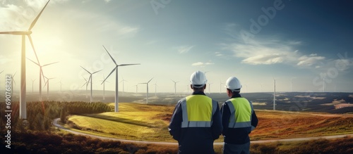 Two professional maintenance engineers in safety workwear using laptop and tablet checklist wind turbine on windmill construction farms Sustainable renewable energy and clean environment concep photo