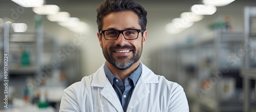 Young hispanic man scientist smiling confident with arms crossed gesture at laboratory. Copyspace image. Header for website template photo