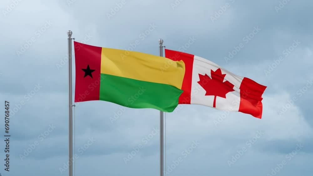 Canada and Guinea-Bissau flag waving together on cloudy sky, endless seamless loop, two country cooperation concept Canada and Guinea-Bissau flag waving together on cloudy sky, endless seamless loop, two country cooperation concept