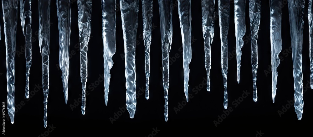 Sharp icicles isolated on black background. Copyspace image. Header for website template - obrazy, fototapety, plakaty 