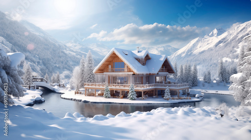 beautiful snow-covered hotel in the mountains on the river bank made of trees
