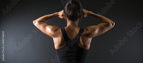 Rear view of fit and sporty fitness woman stratching arms and back before workout exercises Woman back in black sport clothing standing on white background training concept. Copyspace image