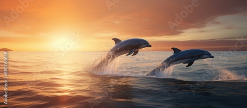 Wild Bottlenose Dolphins Jumping Out Of Ocean Water At The Moray. Copyspace image. Header for website template photo