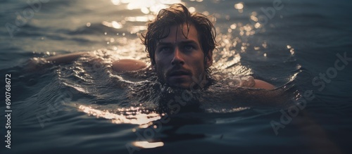 Underwater photo of man emerging from the blue water. Copyspace image. Header for website template