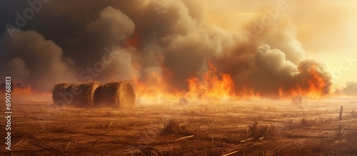 The agricultural waste burning cause of smog and pollution Fumes produced by the incineration of hay and rice straw in agricultural fields. Copyspace image. Header for website template photo