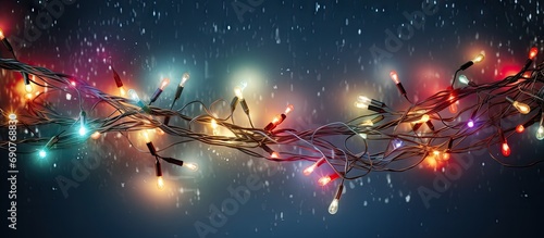 Tangled christmas tree lights with knotted wires and cable. Copyspace image. Header for website template