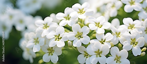 Selective focus of white Iberis sempervirens flower in the garden The evergreen candytuft or perennial candytuft is a species of flowering plant in the family Brassicaceae Nature floral backgro