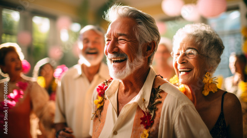 Candid capture of a joyful group of seniors showing vitality while dancing, highlights companionship and active lifestyle in retirement, AI generated