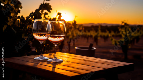two empty wine glasses standing on a wooden table, at sunset in backlight, with vineyard landscape in the background.
