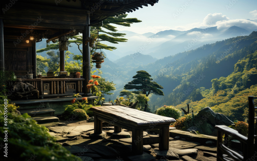 Small chinese style wooden house with a big green lawn on the top of a mountain