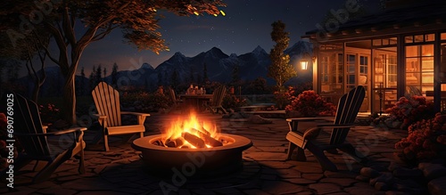 Warm and cozy evening at the gas fire pit table. Copyspace image. Header for website template