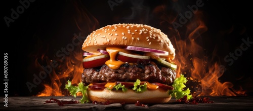 Smash burger with three meatballs waiting to be served on the grill. Copyspace image. Header for website template photo
