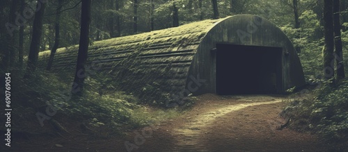 Retro filtered picture of a bunker hidden in forest. Copyspace image. Header for website template photo