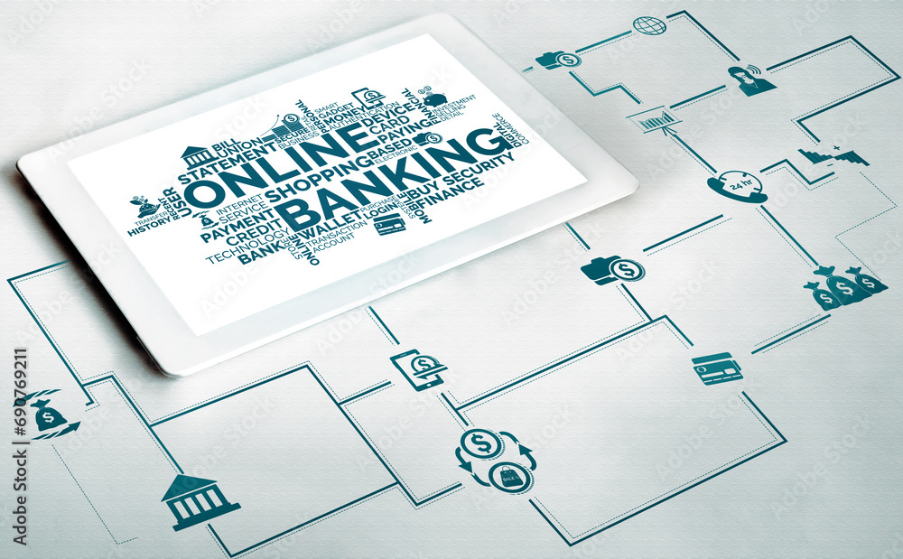 Computer with online banking application in tablet device connected to ...