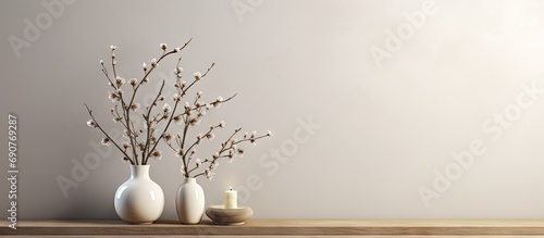 Tree branches with introduced buds in a glass vase and candles on a wooden coffee table Scandinavian living room decor. Copyspace image. Header for website template