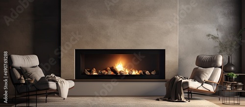 Warm Australian living room with fireplace in contemporary luxury home. Copyspace image. Header for website template photo