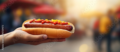 Street stall to sell hot dogs Customer holding a hot dog purchased. Copyspace image. Square banner. Header for website template photo