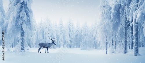 Reindeers in a winter forest in Finnish Lapland. Copyspace image. Square banner. Header for website template