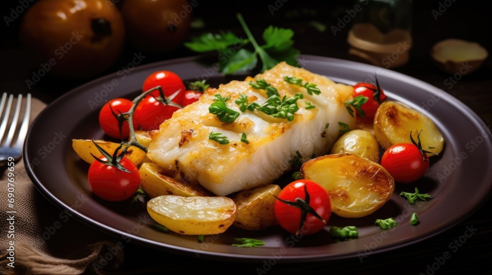 Fish cod fillet grilled with potato cherry tomato wallpaper background Fish cod fillet grilled with potato cherry tomato wallpaper background