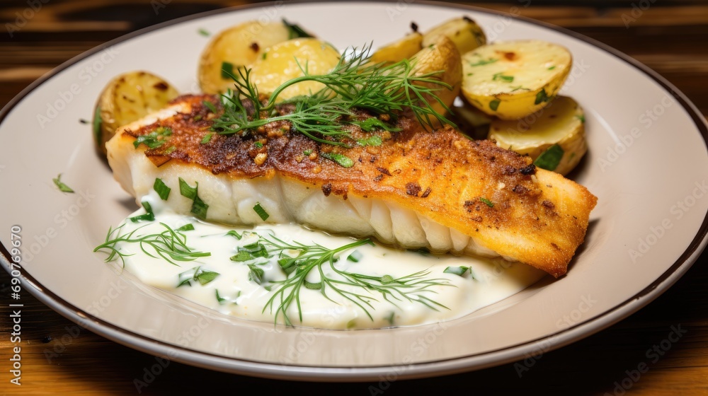 Fish cod fillet grilled with potato cherry tomato wallpaper background Fish cod fillet grilled with potato cherry tomato wallpaper background