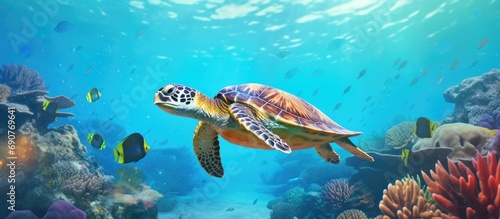 Sea turtle on colorful and tropical coral reef. Copyspace image. Square banner. Header for website template