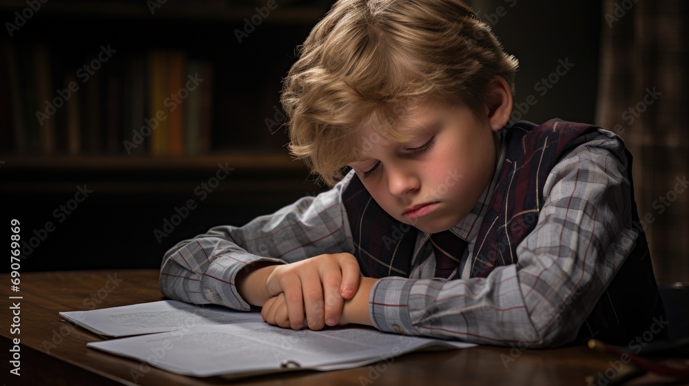 School boy student doung homework and suffer wallpaper background