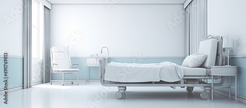 Recovery Room with beds and comfortable medical Interior of an empty hospital room Clean and empty room with a bed in the new medical center. Copyspace image. Square banner © vxnaghiyev