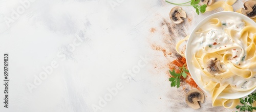 Various Italian pasta Mushroom pasta with cream sauce Top view flat lay with copy space. Copyspace image. Square banner. Header for website template