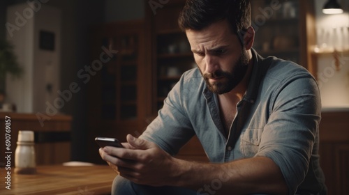 Sad serious man checking his smartphone wallpaper background 