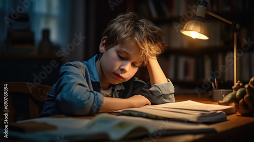 School boy student doung homework and suffer wallpaper background