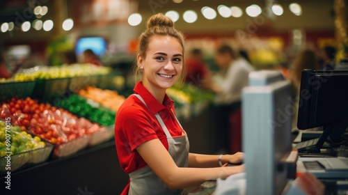 Supermarket food seller happy smiling woman cashier wallpaper background photo