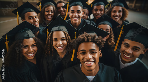 A group comes together to capture the joy of their graduation in a selfie with gown and mortarboard photo