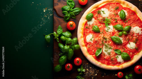 Concept promotional flyer and poster for pizzerias, template with delicious taste italian margherita pizza, mozzarella cheese and tomatoand basilic, and copy space for your text. photo