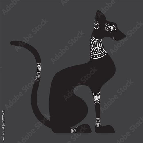 Black egyptian cat shape silhouette sitting on grey background. Isolated icon. Vector illustration.
