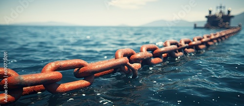 Fototapeta Naklejka Na Ścianę i Meble -  Rusty anchor chain on a ship in an anchor hawsepipe close up. Copyspace image. Square banner. Header for website template