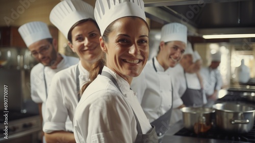 A group of chefs standing together in a kitchen. Perfect for culinary publications and cooking-related content