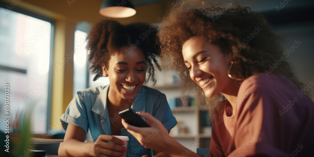 Two women sitting at a table, engaged in conversation and looking at a cell phone. Suitable for lifestyle, technology, and social media themes - obrazy, fototapety, plakaty 
