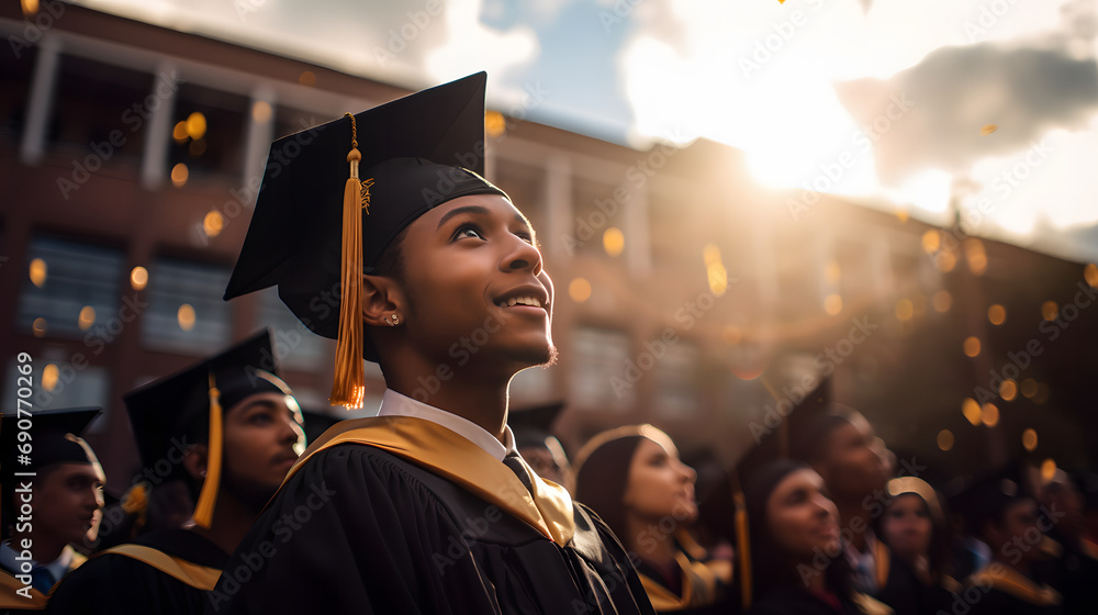 Obraz premium a young African American exhibits pride and happiness on his day of academic achievements