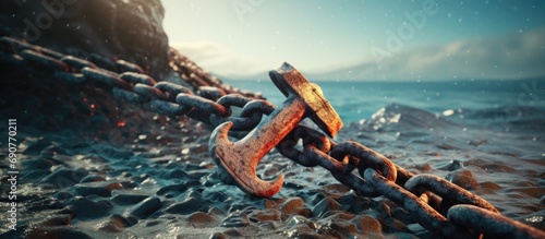 Rusty anchor chain on a ship in an anchor hawsepipe close up. Copyspace image. Square banner. Header for website template photo