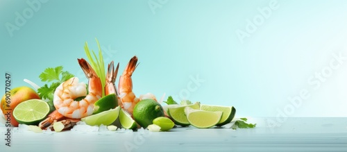 Shrimp cocktail with avocado cilantro lime and red onions. Copyspace image. Square banner. Header for website template photo