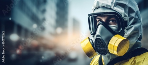 Worker in protective suit against hazardous gas Health care worker. Copyspace image. Square banner. Header for website template photo