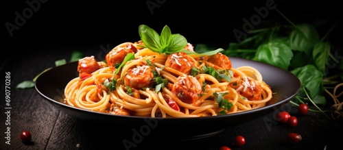 spaghetti with meatballs and tomato sauce italian pasta. Copyspace image. Square banner. Header for website template