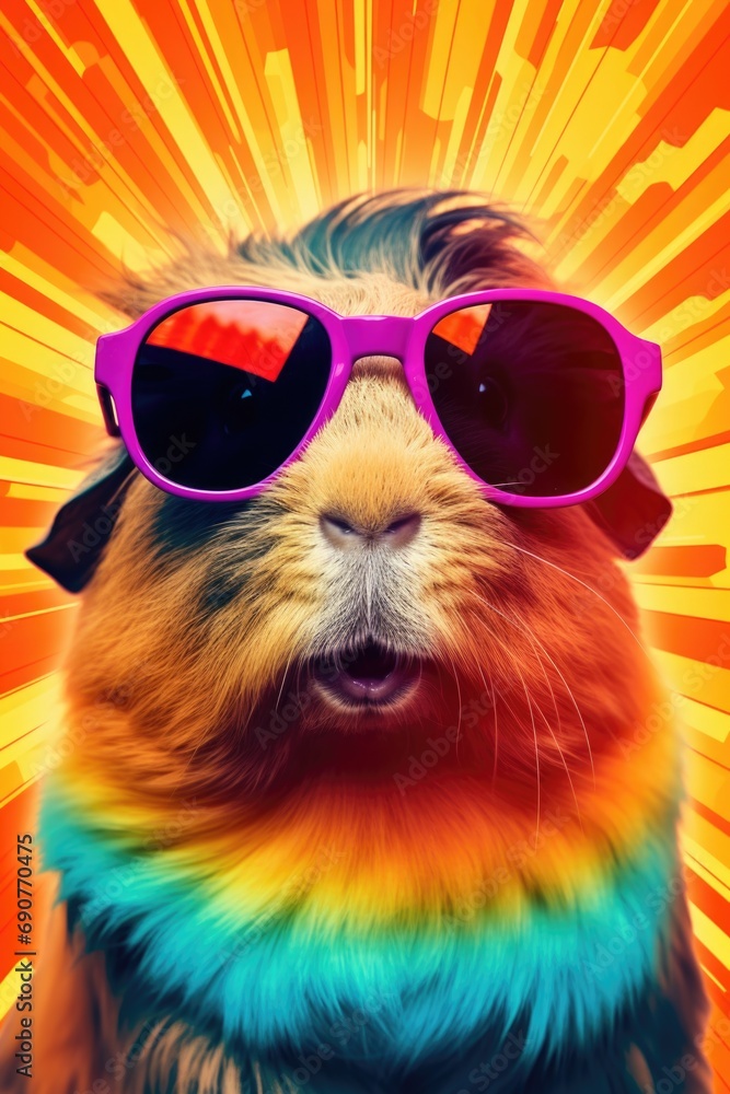A cute hamster wearing sunglasses and a colorful tie dye shirt. Perfect for summer-themed designs or pet-related projects