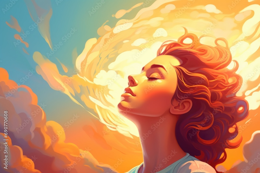 A painting of a woman with her eyes closed. Can be used to represent relaxation, meditation, or inner peace