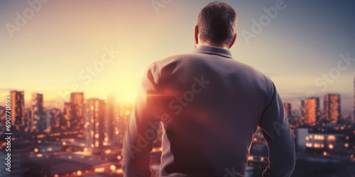 A man gazes out over a city at sunset, taking in the breathtaking view. Perfect for showcasing urban landscapes and the beauty of city skylines