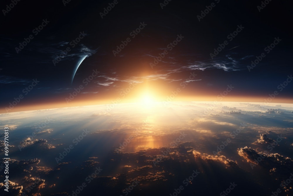 A stunning view of the sun rising over the earth. Perfect for illustrating the beauty of nature and the beginning of a new day.
