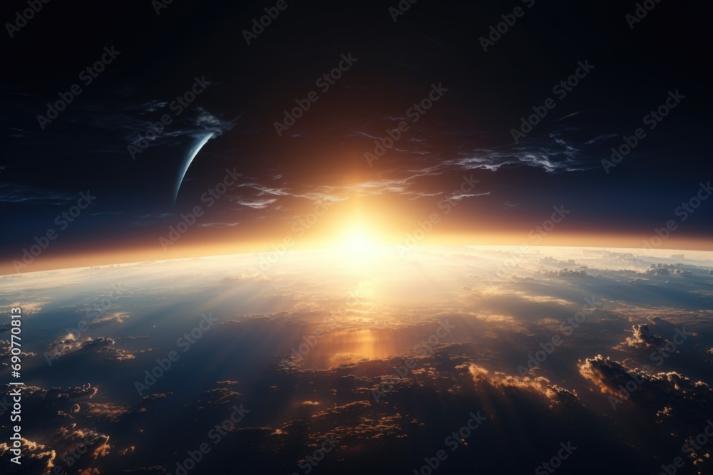 Fototapeta premium A stunning view of the sun rising over the earth. Perfect for illustrating the beauty of nature and the beginning of a new day.