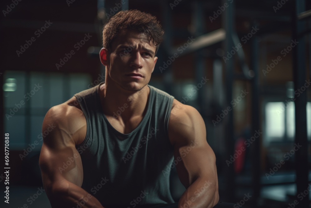 A man sitting on a bench in a gym. This picture can be used to showcase fitness, exercise, or gym-related concepts A man sitting on a bench in a gym. This picture can be used to showcase fitness, exercise, or gym-related concepts