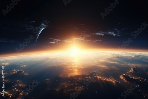 A stunning view of the sun rising over the earth. Perfect for illustrating the beauty of nature and the beginning of a new day.
