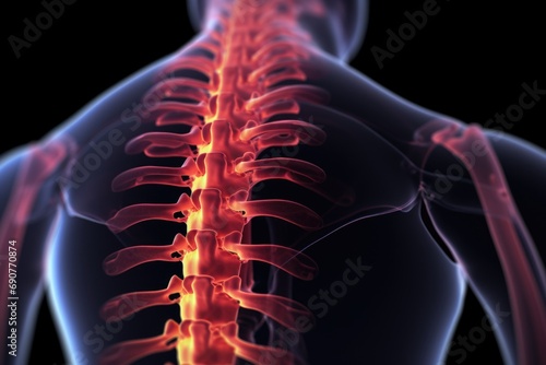 A detailed image of the back of a man's skeleton with a highlighted spine. This picture can be used for educational purposes or in medical presentations